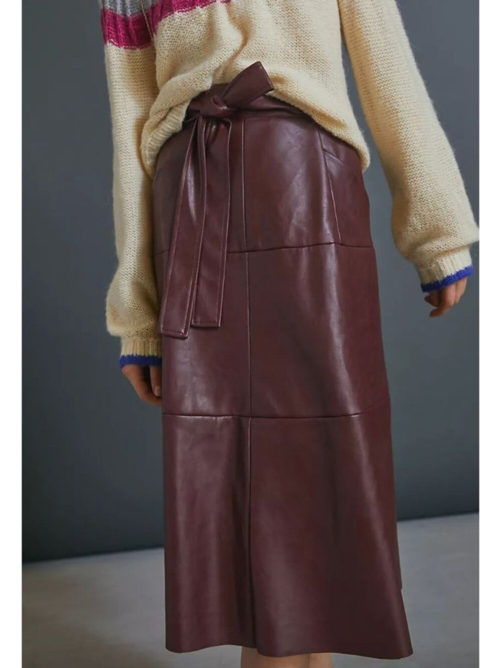 VIGOSS Anthropologie Coralia Faux Leather Midi Skirt Vegan Burgundy Size XS